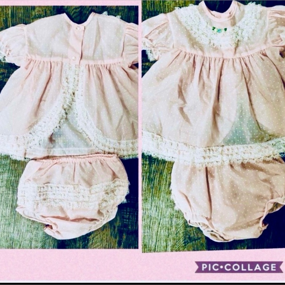 Vintage Baby Pink Dress With Lace & Ruffle Diaper Cover
